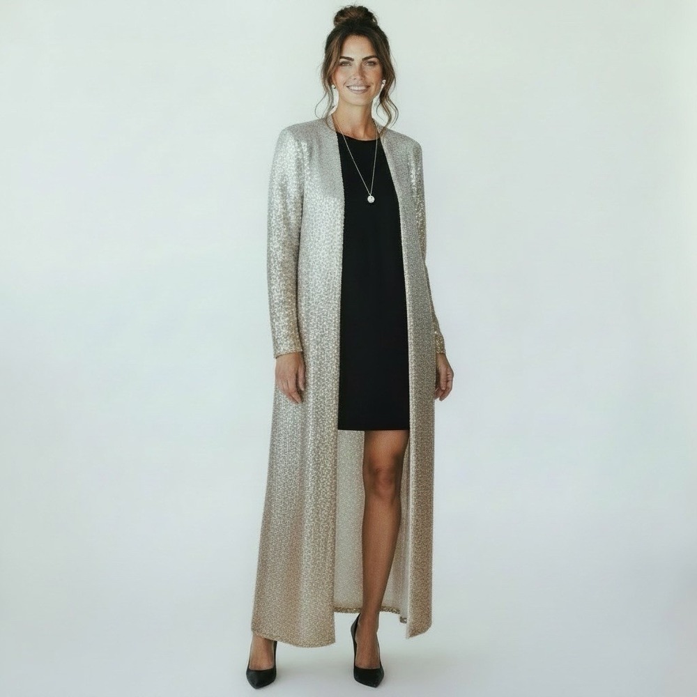 NWT Alexia Admor Silver Gold Ombre Sequin Duster Cardigan Trench Jacket XS